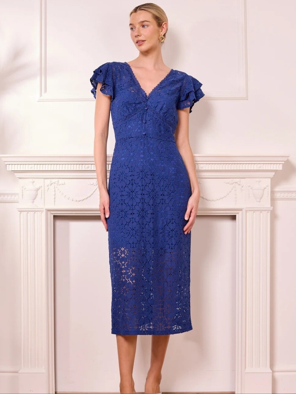 Blue Lace Midi Dress with Flutter Sleeves